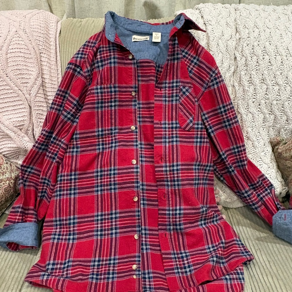 Vintage BACKPACKER mens Red blue Plaid Button-Up Shirt Large 100% cotton